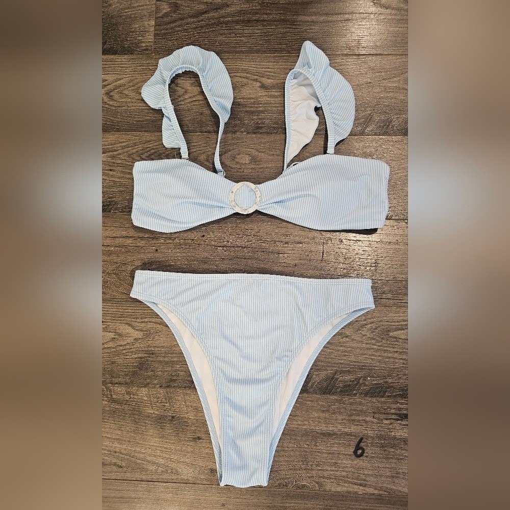 Women's sz L Blue Striped Ruffle Strap Bikini Set O Ring Swimsuit Beach Summer